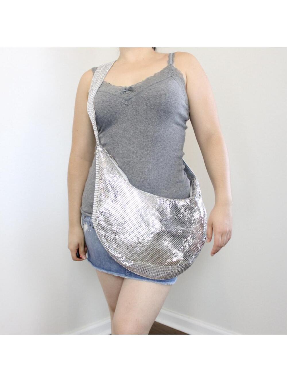 Vintage Y2K Silver metal mesh slouchy crescent-shaped shoulder bag